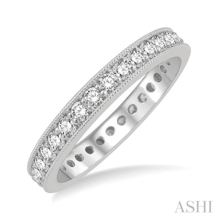 1 Ctw Milgrain Bordered Round Cut Diamond Eternity Wedding Band in 14K White Gold