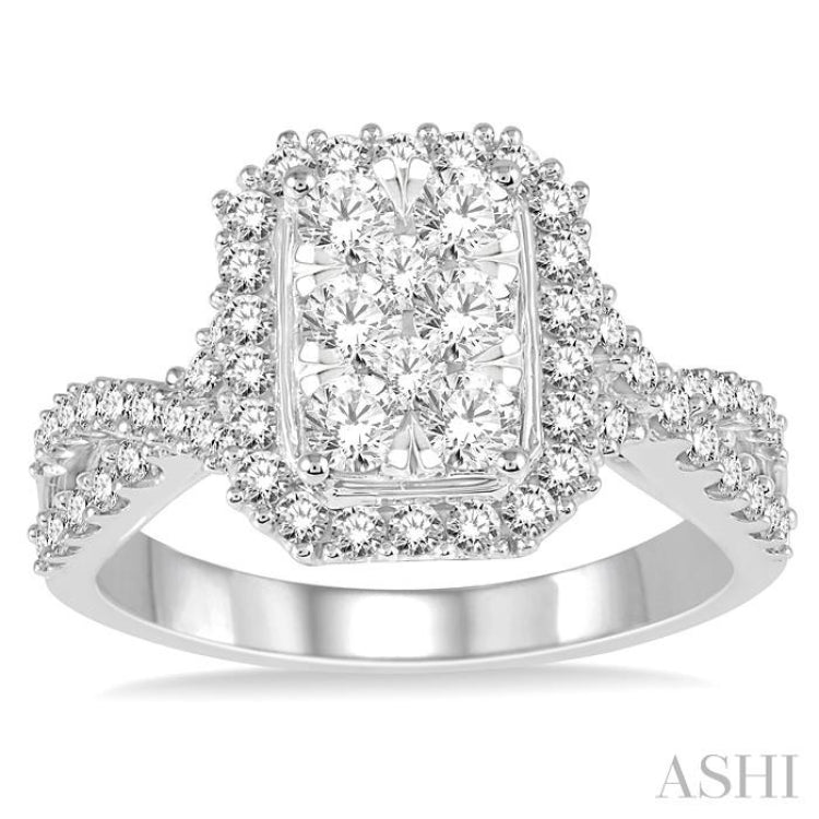 7/8 Ctw Round Cut Diamond Octagon Shape Lovebright Ring in 14K White Gold