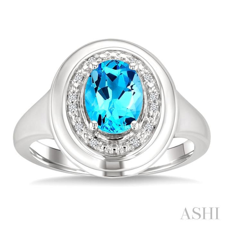 8x6 MM Oval Shape Blue Topaz and 1/20 Ctw Single Cut Diamond Semi-precious Ring in Sterling Silver