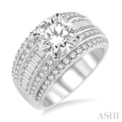1 1/3 Ctw Semi-Mount Baguette and Round Cut Diamond Engagement Ring in 14K White Gold