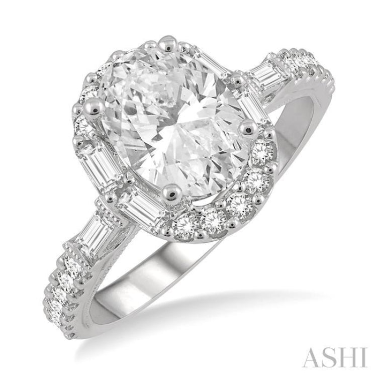 5/8 Ctw Oval Shape Baguette and Round Cut Diamond Semi-Mount Engagement Ring in 14K White Gold