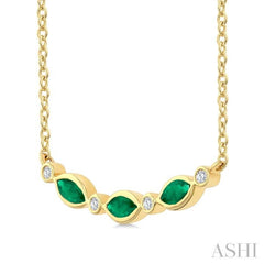 4X2 MM Marquise Shape Emerald and 1/50 Ctw Round Cut Diamond Precious Bar Necklace in 10K Yellow Gold