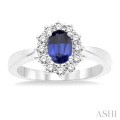 7x5 MM Oval Shape Sapphire and 1/3 Ctw Round Cut Diamond Precious Ring in 14K White Gold