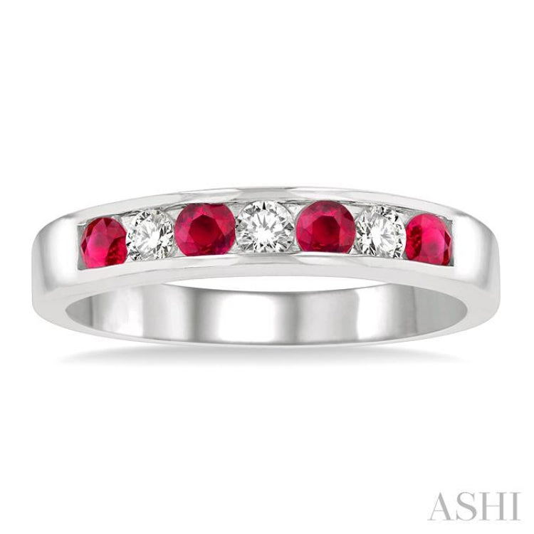 2.5 MM Round Cut Ruby and 1/5 Ctw Channel Set Round Cut Diamond Band in 14K White Gold