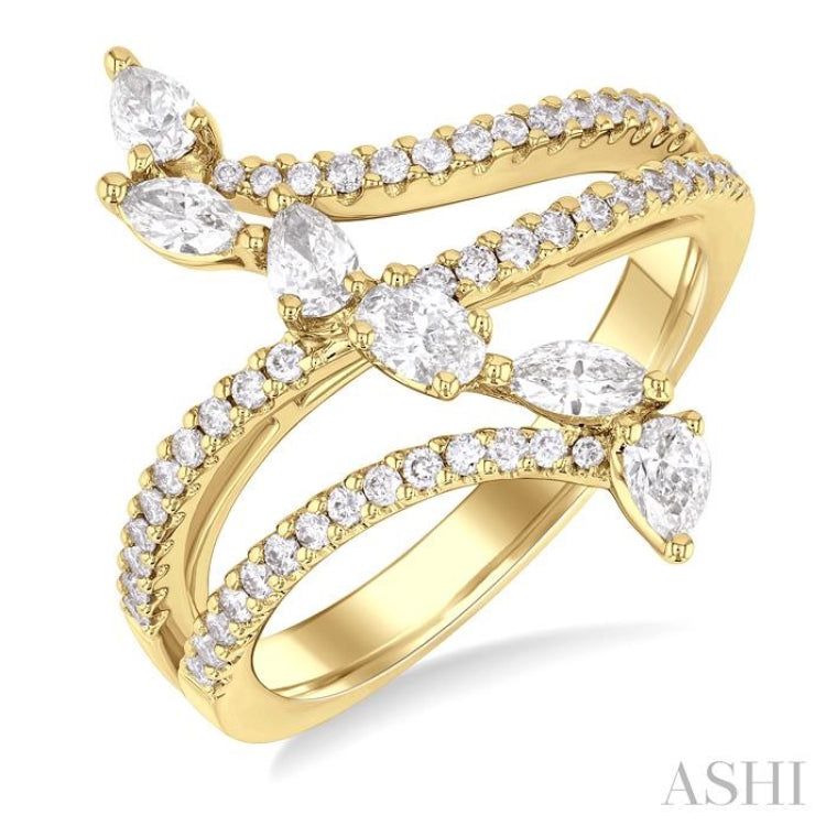 3/4 Ctw Three-Way Split Shank Mixed Diamond Cut Fashion Ring in 14K Yellow Gold