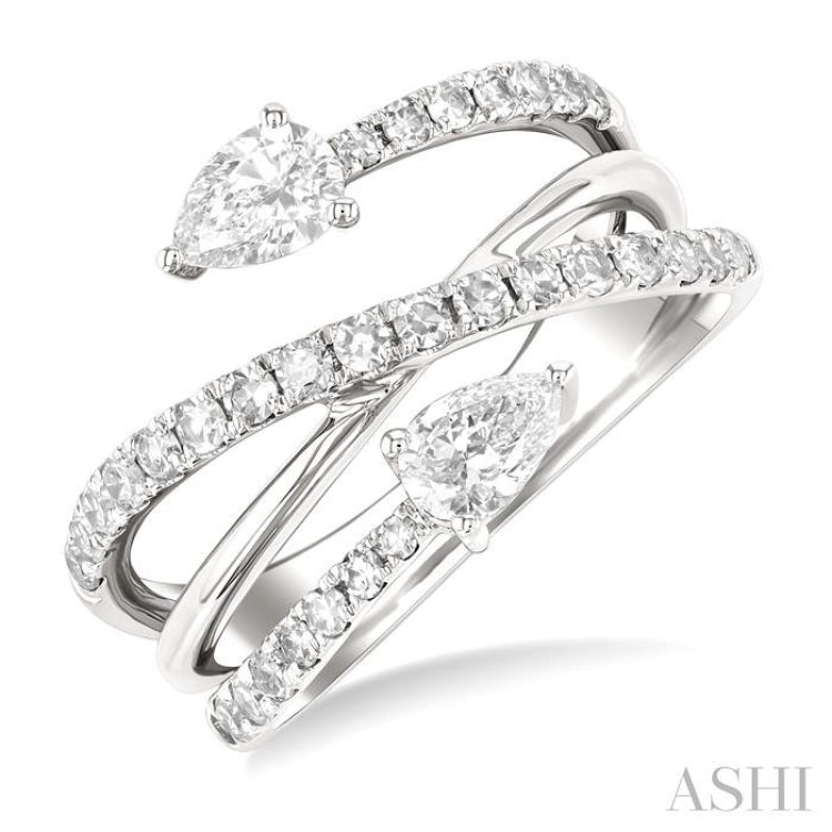 1 Ctw East West Pear and Round Cut Diamond Split Open-End Fashion Ring in 14K White Gold