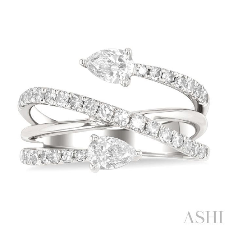 1 Ctw East West Pear and Round Cut Diamond Split Open-End Fashion Ring in 14K White Gold