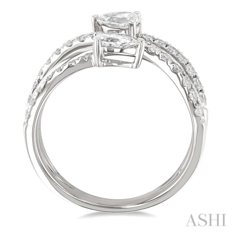 1 Ctw East West Pear and Round Cut Diamond Split Open-End Fashion Ring in 14K White Gold