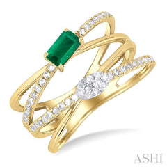5x3 MM Emerald and 1/4 Ctw Single Cut Diamond Double Criss-Cross Lovebright Precious Ring in 10K Yellow and White Gold