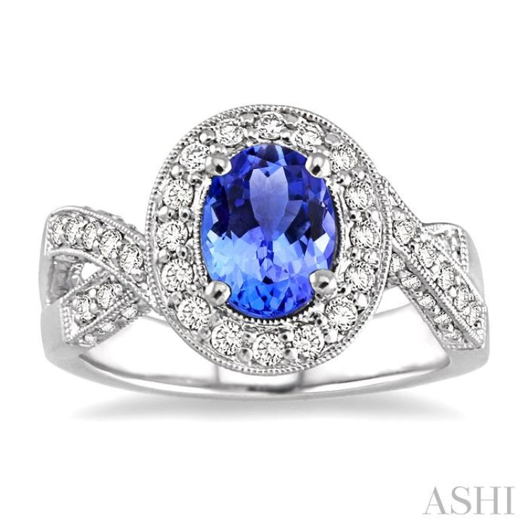 8x6 MM Oval Cut Tanzanite and 3/4 Ctw Round Cut Diamond Precious Ring in 14K White Gold