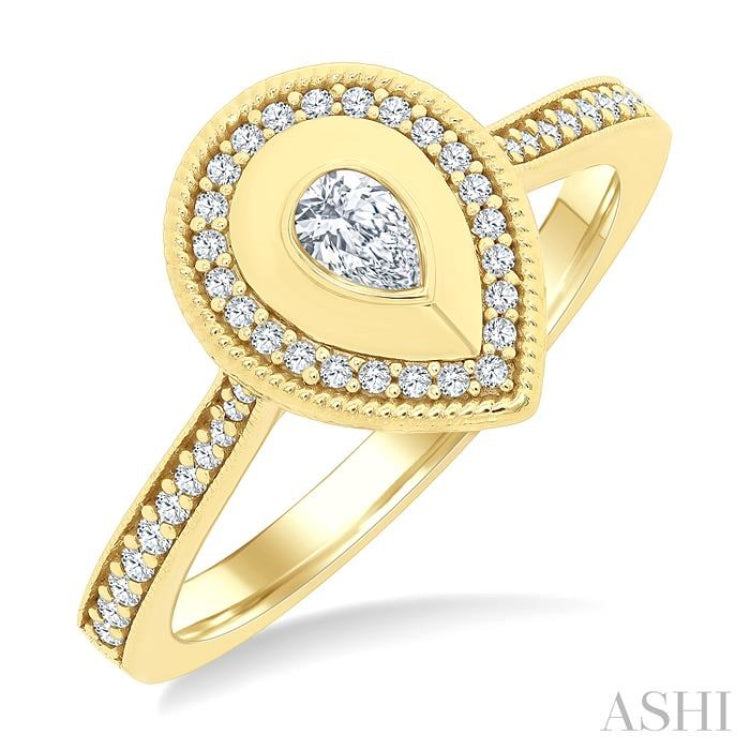 1/3 Ctw Pear shaped Art Deco Pear and Round Cut Diamond Fashion Ring in 14K Yellow Gold
