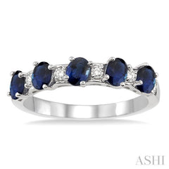 4x3 MM Oval Shape Sapphire and 1/6 Ctw Round Cut Diamond Precious Band in 14K White Gold