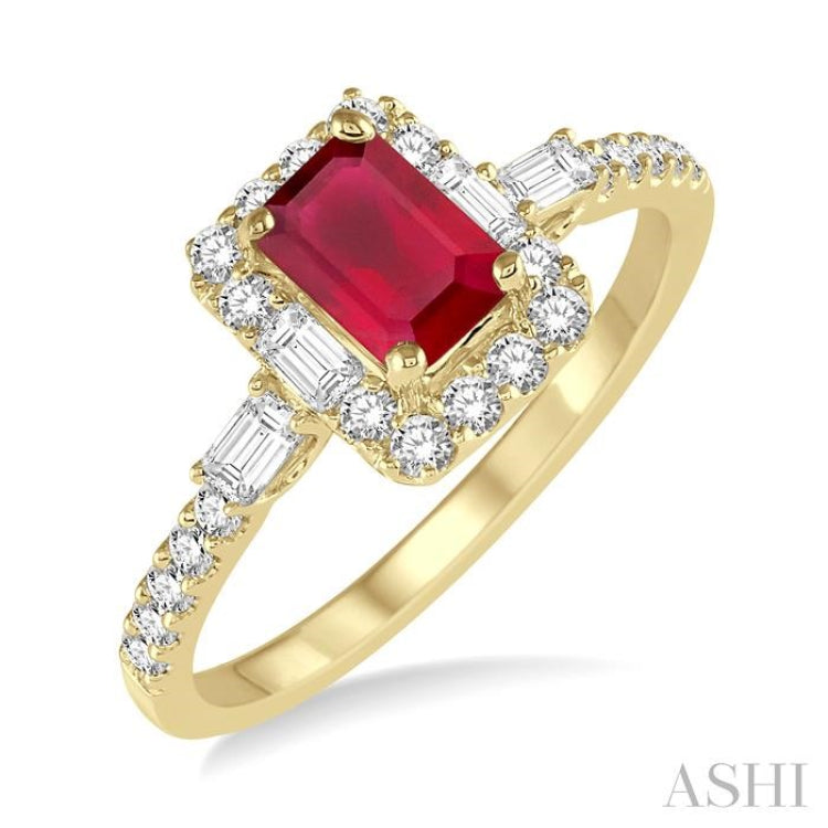 6x4 MM Octagon Cut Ruby and 1/2 Ctw Round Cut Diamond Precious Ring in 14K Yellow Gold