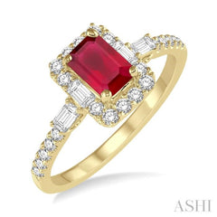 6x4 MM Octagon Cut Ruby and 1/2 Ctw Round Cut Diamond Precious Ring in 14K Yellow Gold