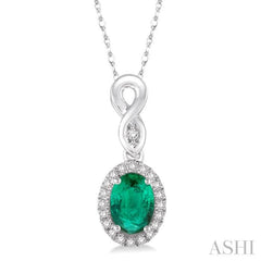 6x4 MM Oval Cut Emerald and 1/10 Ctw Round Cut Diamond Pendant in 14K White Gold with Chain