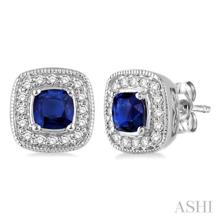 4x4 MM Cushion Shape Sapphire and 1/5 Ctw Round Cut Diamond Earrings in 14K White Gold