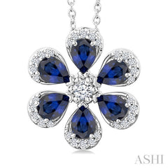 4X3 MM Floral Blossom Pear Cut Sapphire and 1/6 Ctw Round Cut Diamond Precious Pendant With Chain in 14K White Gold