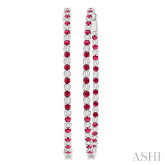 2.1 MM Ruby and Alternating 2 1/2 Ctw Round Cut Inside-Out Diamond Precious Hoop Earrings in 14K White Gold