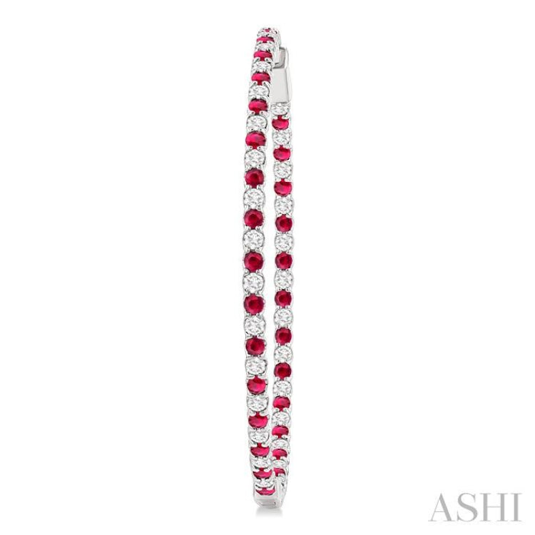 2.1 MM Ruby and Alternating 2 1/2 Ctw Round Cut Inside-Out Diamond Precious Hoop Earrings in 14K White Gold