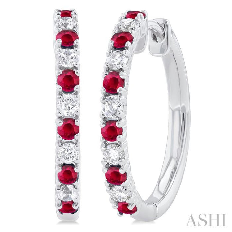1.80 MM Round Shape Ruby and 1/4 Ctw Round Cut Diamond Precious Hoop Earrings in 10K White Gold