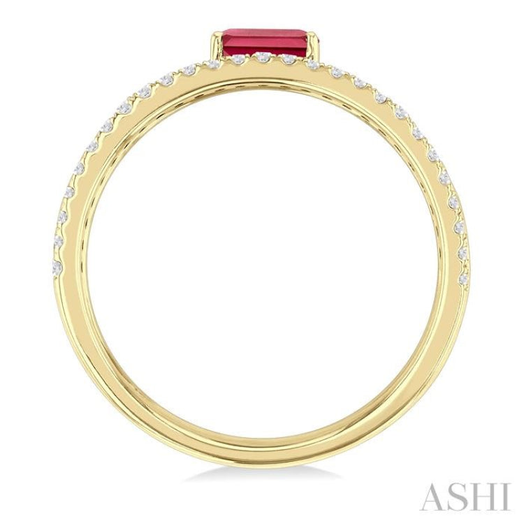5x3 MM East-West Set Ruby and 1/4 Ctw Single Cut Diamond Precious Layered Fashion Ring in 10K Yellow Gold