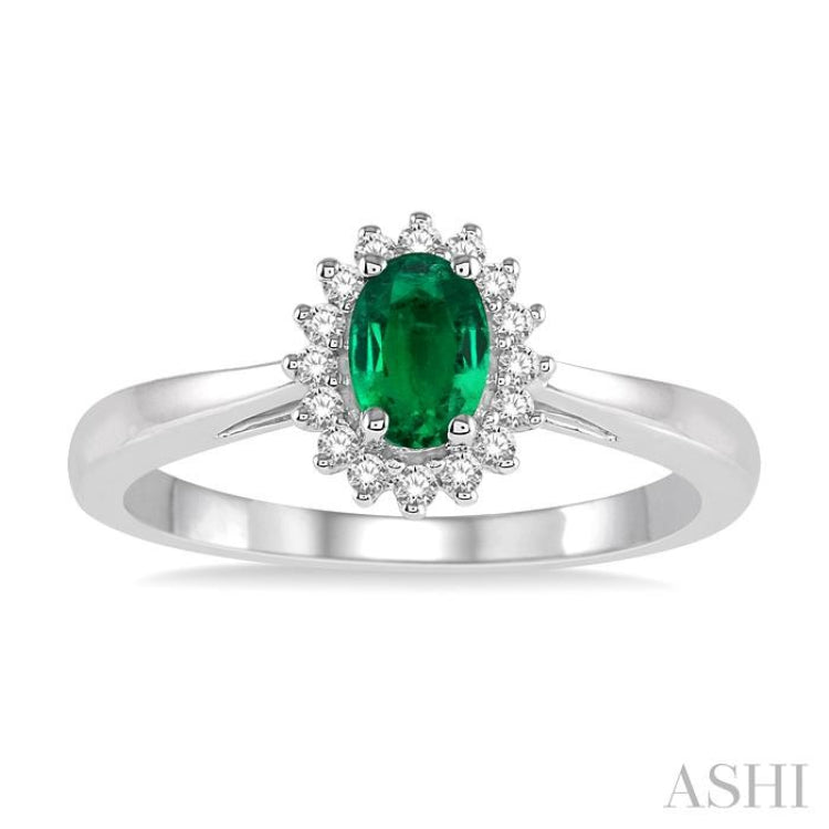 6X4 MM Oval Cut Emerald Center and 1/8 Ctw Round Cut Diamond Halo Precious Stone Ring in 10K White Gold