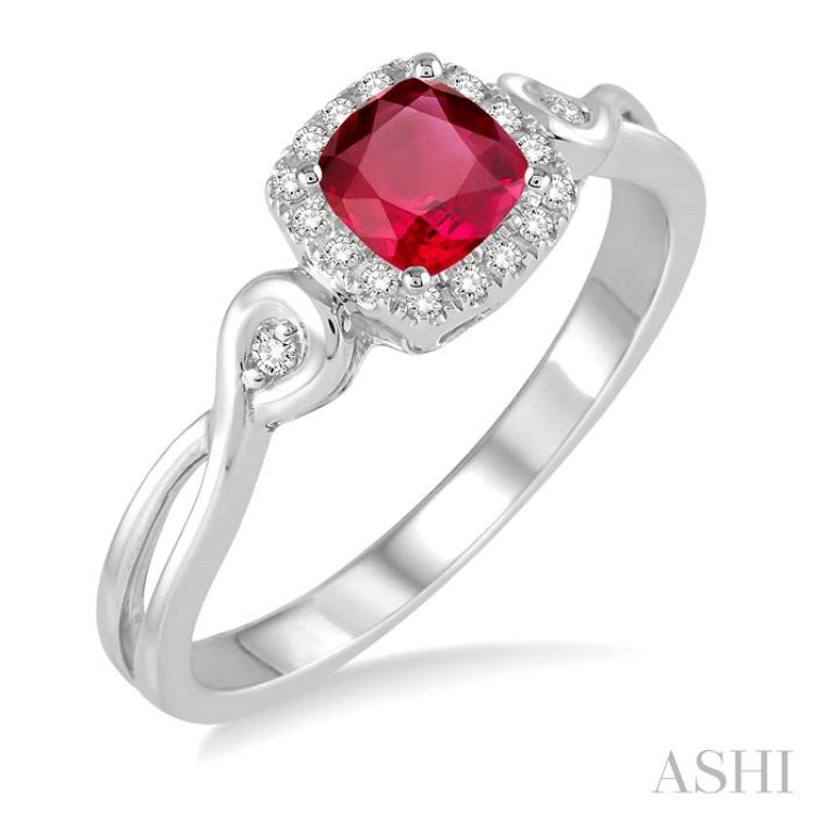 4x4 MM Cushion Shape Ruby and 1/10 Ctw Round Cut Diamond Ring in 10K White Gold