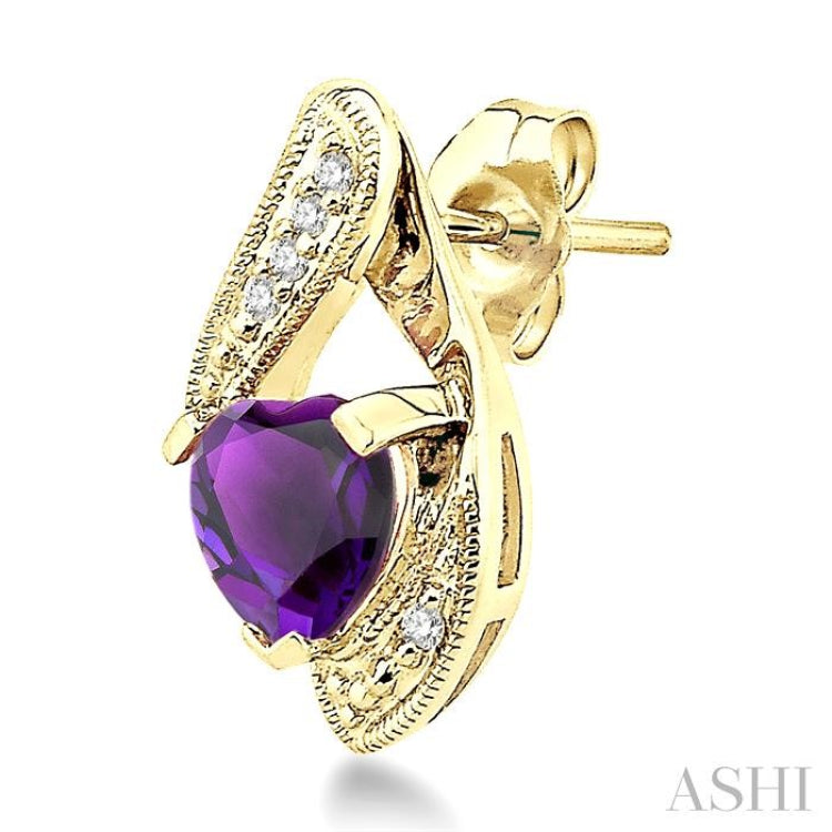 6x6 MM Heart Shape Amethyst and 1/20 Ctw Single Cut Diamond Semi-Precious Earrings in 14K Yellow Gold