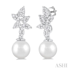 8 MM Cultured Pearl and 3/8 Ctw Round Cut Diamond Lovebright Fashion Earrings in 14K White Gold