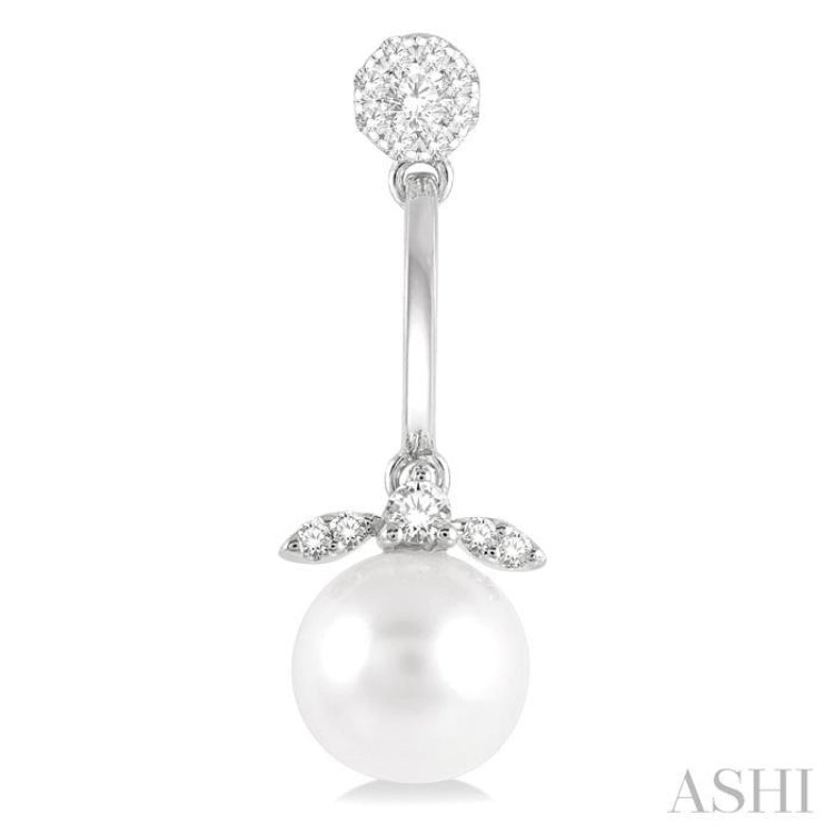 7 MM Cultured White Pearl and 1/4 Ctw Lovebright Round Cut Diamond Fashion Earrings in 14K White Gold