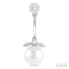 7 MM Cultured White Pearl and 1/4 Ctw Lovebright Round Cut Diamond Fashion Earrings in 14K White Gold