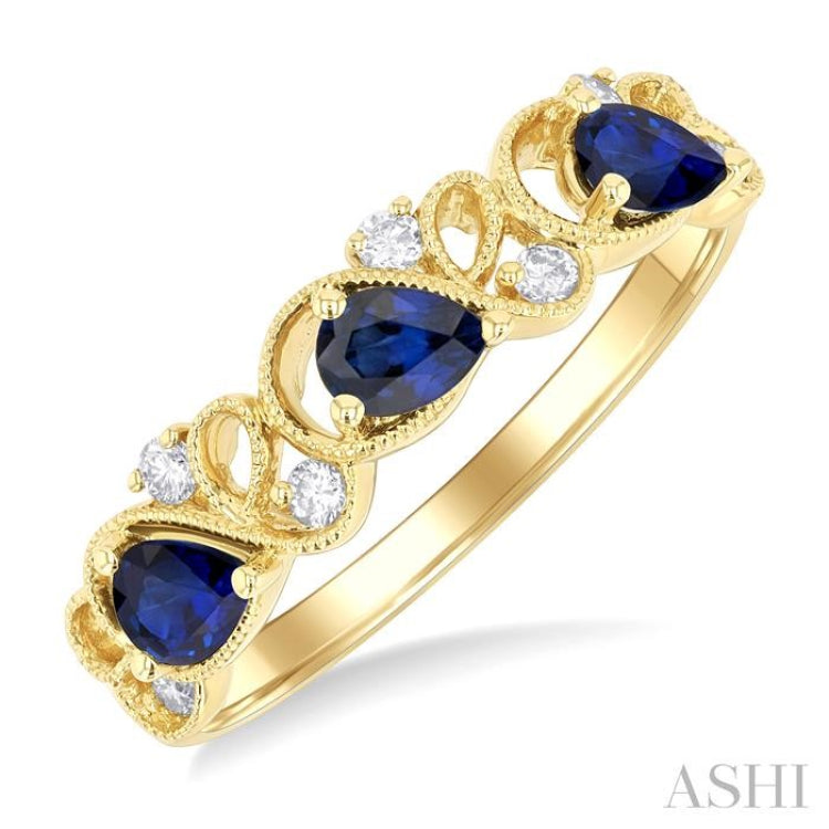 4x3 MM Pear Cut Sapphire and 1/10 Ctw Lattice Round Cut Diamond Precious Band in 14K Yellow Gold
