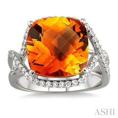 12x12 MM Cushion Cut Citrine and 1/3 Ctw Round Cut Diamond Semi-Precious Ring in 14K White Gold