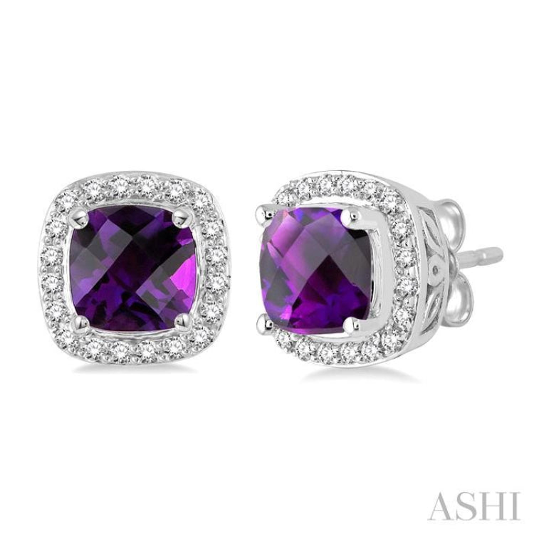 6x6 MM Cushion Shape Amethyst and 1/4 Ctw Round Cut Diamond Earrings in 14K White Gold