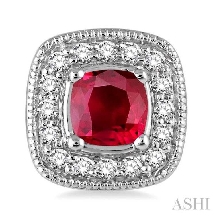 4x4 MM Cushion Shape Ruby and 1/5 Ctw Round Cut Diamond Earrings in 14K White Gold