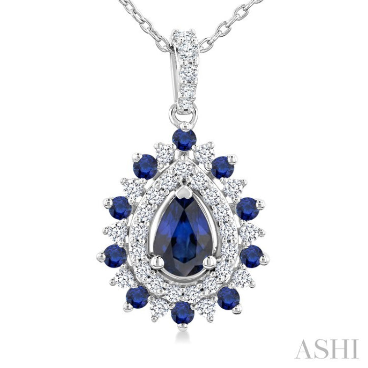 6X4 MM Pear Cut & 1.55 MM Round Cut Sapphire and 1/4 Ctw Round Cut Diamond Floral Precious Pendant With Chain in 14K White Gold