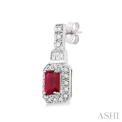 5x3 MM Emerald Shape Ruby and 1/4 Ctw Round and Baguette Cut Diamond Earrings in 14K White Gold