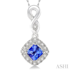 4x4 MM Cushion Shape Tanzanite and 1/10 Ctw Round Cut Diamond Pendant in 10K White Gold with Chain