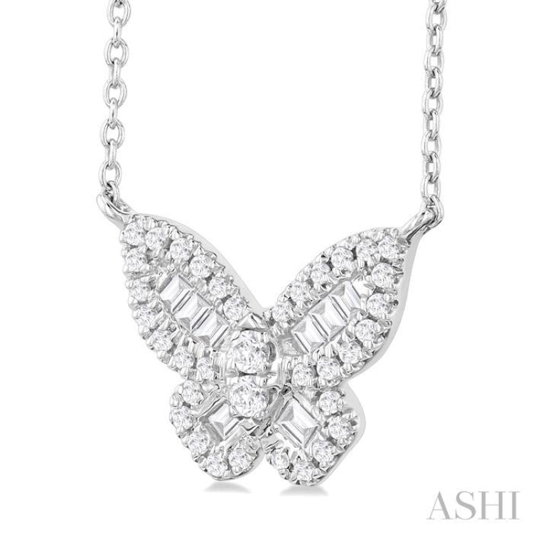 1/3 Ctw Petite Butterfly Baguette and Round Cut Diamond Fashion Pendant With Chain in 10K White Gold