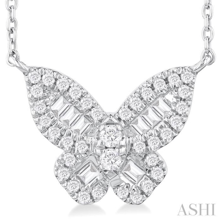 1/3 Ctw Petite Butterfly Baguette and Round Cut Diamond Fashion Pendant With Chain in 10K White Gold