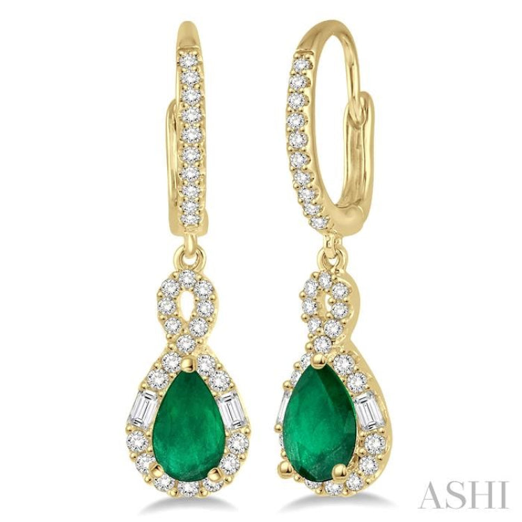 6x4 MM Pear Cut Emerald and 1/2 Ctw Round Cut Diamond Precious Earrings in 14K Yellow Gold