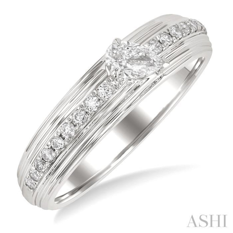 1/3 Ctw Textured Shank Tilted Pear and Round Cut Diamond Fashion Band in 14K White Gold