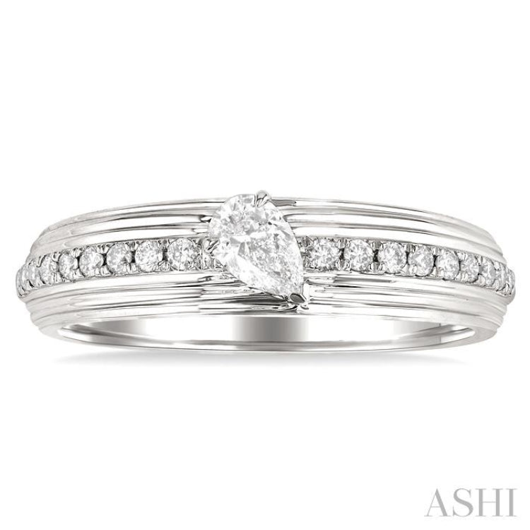 1/3 Ctw Textured Shank Tilted Pear and Round Cut Diamond Fashion Band in 14K White Gold