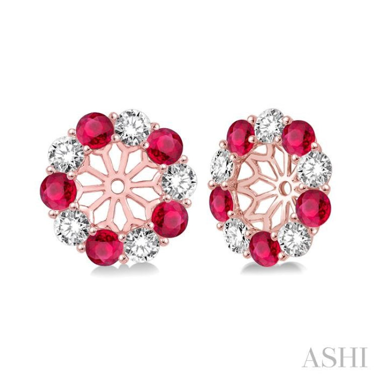 2.3 MM Round Cut Ruby and 1/2 Ctw Round Cut Diamond Precious Earrings Jacket in 14K Rose Gold