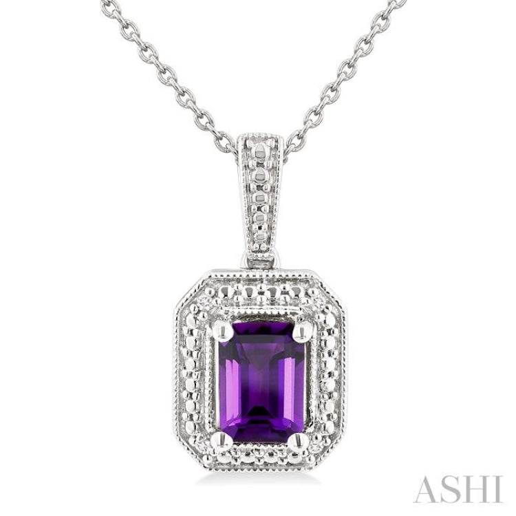 7X5 MM Octagon Shape Amethyst and 1/50 Ctw Single Cut Diamond Semi-precious Pendant With Chain in Sterling Silver