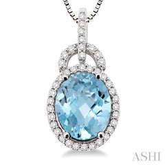 11x9 MM Oval Cut Aquamarine and 1/3 Ctw Round Cut Diamond Pendant in 14K White Gold with Chain