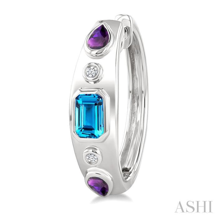 6X4 MM Octagon Shape Blue Topaz & 5X3 MM Pear Shape Amethyst and 1/10 Ctw Round Cut Diamond Semi-Precious Earrings in Sterling Silver