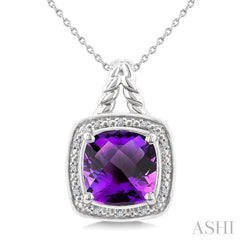 10 MM Cushion Shape Amethyst and 1/20 Ctw Single Cut Diamond Semi-precious Pendant With Chain in Sterling Silver