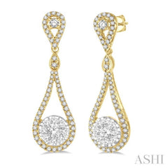 1 Ctw Loop Dangler Round Cut Diamond Lovebright Hanging Earrings in 14K Yellow and White Gold