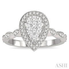 1/2 Ctw Pear Shape Mount Marquise Shank Lovebright Round Cut Diamond Ring in 14K White Gold
